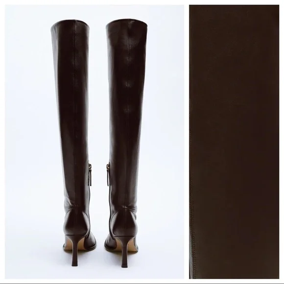 NWT. Zara Brown Long Leather High-Heel Ankle Boots. Size 9. - Picture 3 of 9